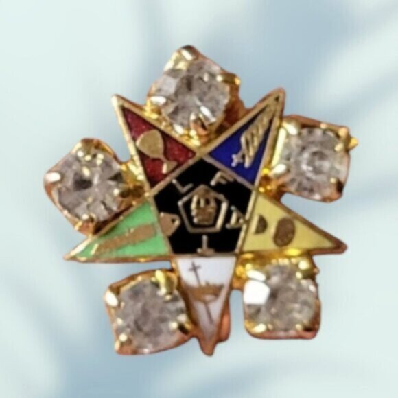 Gold Order of The Eastern Star Earrings Mosaic Rhinestone - Picture 4 of 6